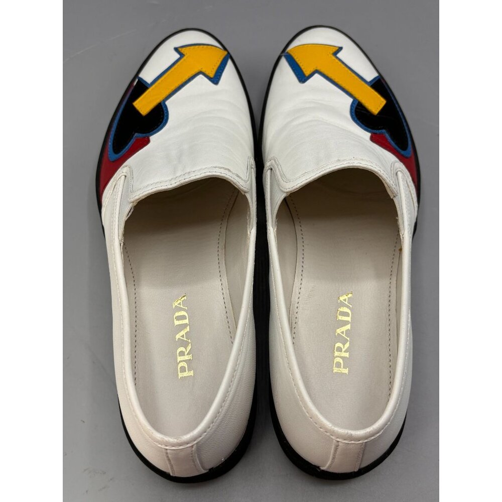 Prada Slip-On Loafers Shoes Arrow & Heart Design Size 38.5 White & Black - Picture 5 of 9